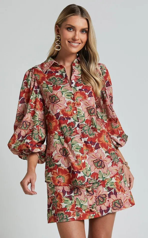Showpo Amalie The Label 8211 Hanae Linen Blend Collared Button Through Puff Sleeve Shirt In Musee Print Women Tops