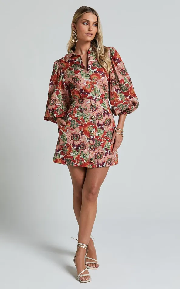 Showpo Amalie The Label 8211 Hanae Linen Blend Collared Button Through Puff Sleeve Shirt In Musee Print Women Tops