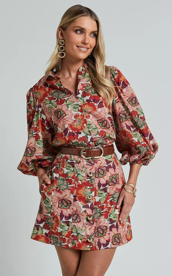 Showpo Amalie The Label 8211 Hanae Linen Blend Collared Button Through Puff Sleeve Shirt In Musee Print Women Tops
