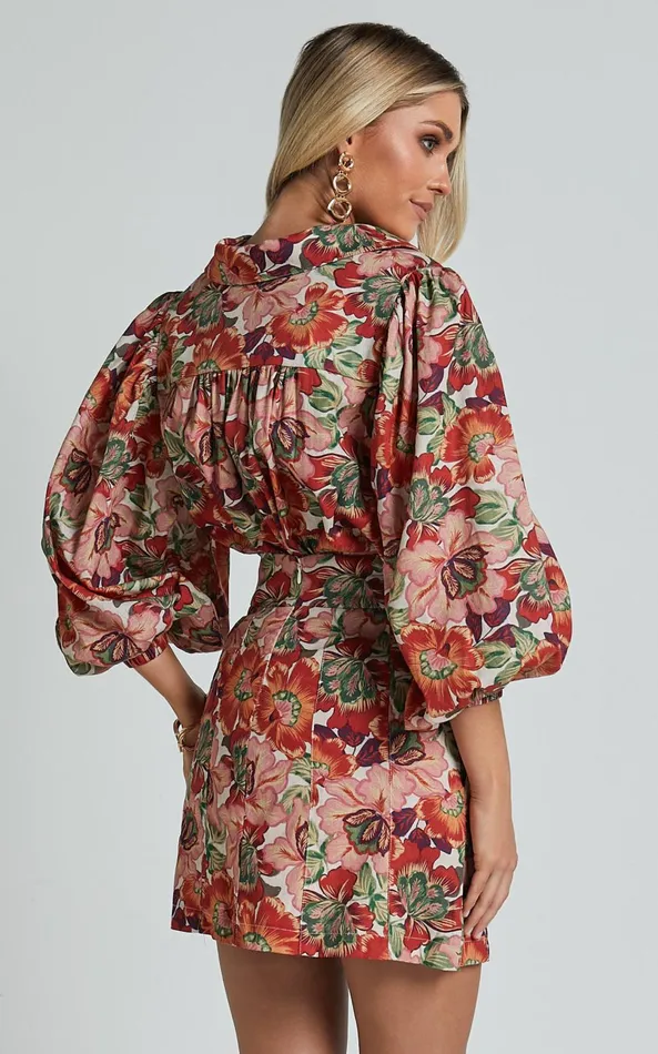 Showpo Amalie The Label 8211 Hanae Linen Blend Collared Button Through Puff Sleeve Shirt In Musee Print Women Tops