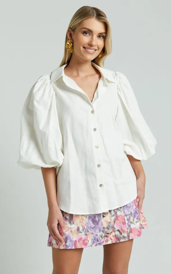 Showpo Amalie The Label 8211 Hanae Linen Blend Collared Button Through Puff Sleeve Shirt In White Women Curve Clothes