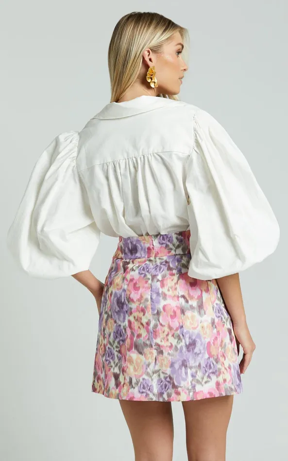 Showpo Amalie The Label 8211 Hanae Linen Blend Collared Button Through Puff Sleeve Shirt In White Women Curve Clothes