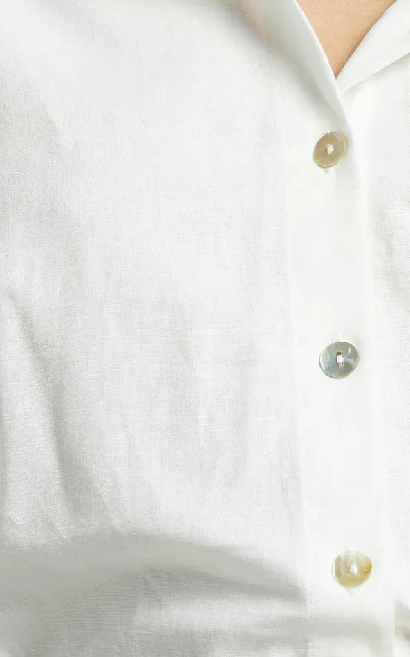 Showpo Amalie The Label 8211 Hanae Linen Blend Collared Button Through Puff Sleeve Shirt In White Women Curve Clothes