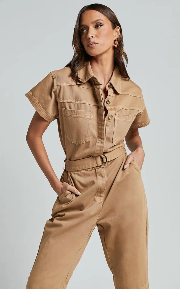 Showpo Amalie The Label 8211 Havanah Recycled Cotton Denim Boiler Jumpsuit In Tobacco Women Denim