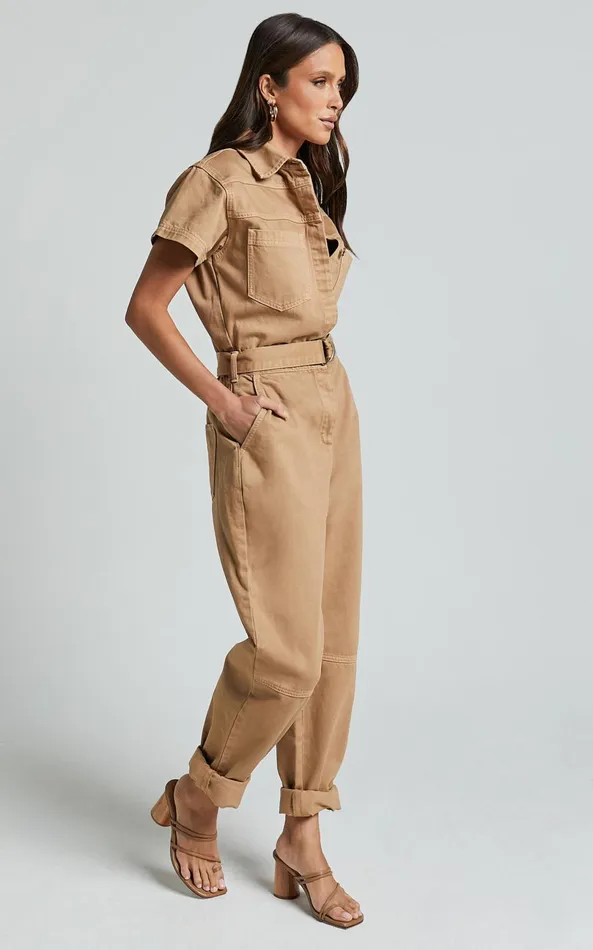 Showpo Amalie The Label 8211 Havanah Recycled Cotton Denim Boiler Jumpsuit In Tobacco Women Denim