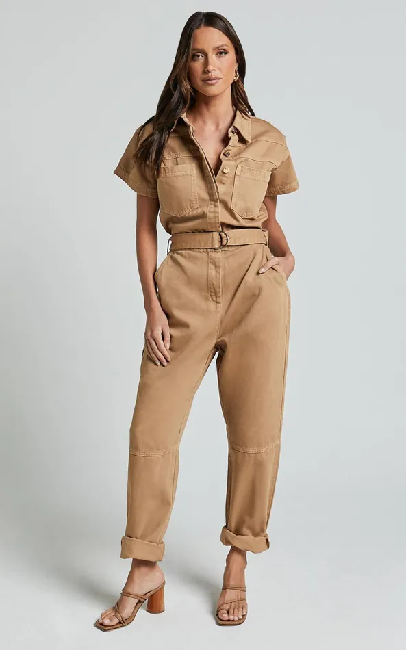 Showpo Amalie The Label 8211 Havanah Recycled Cotton Denim Boiler Jumpsuit In Tobacco Women Denim
