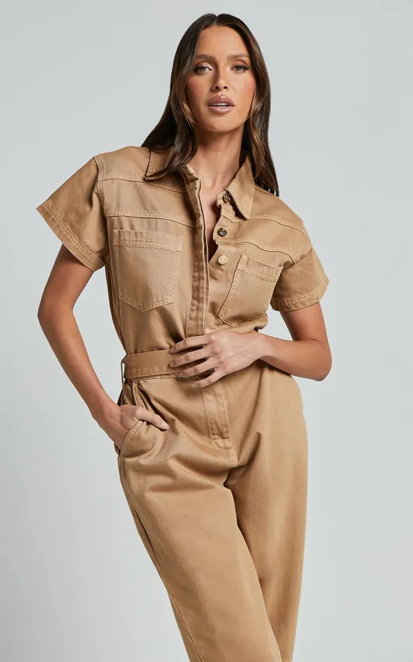 Showpo Amalie The Label 8211 Havanah Recycled Cotton Denim Boiler Jumpsuit In Tobacco Women Denim
