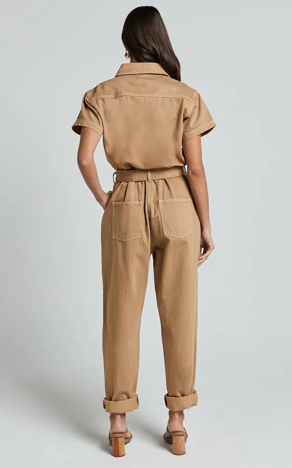 Showpo Amalie The Label 8211 Havanah Recycled Cotton Denim Boiler Jumpsuit In Tobacco Women Denim