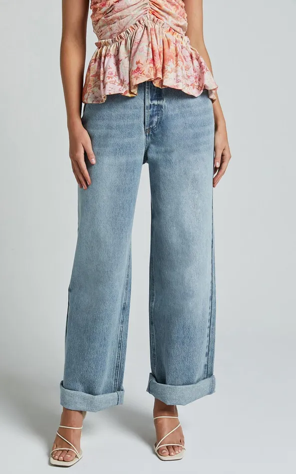 Showpo Amalie The Label 8211 Herrera Mid Rise Wide Leg Denim Jeans In Mid Blue Wash Women Denim