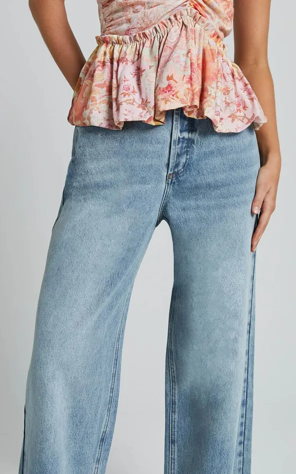 Showpo Amalie The Label 8211 Herrera Mid Rise Wide Leg Denim Jeans In Mid Blue Wash Women Denim
