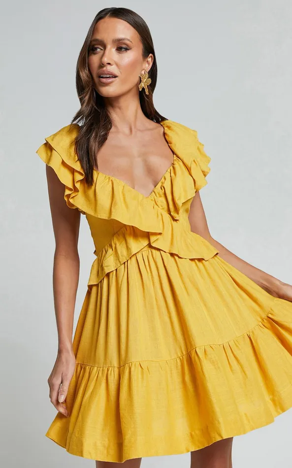 Showpo Amalie The Label 8211 Hescia Linen Blend Frill Detail Low Back Mini Dress In Warm Yellow Gold Women Dresses Showpo Amalie The Label 8211 Hescia Linen Blend Frill Detail Low Back Mini Dress In Warm Yellow Gold Women Dresses