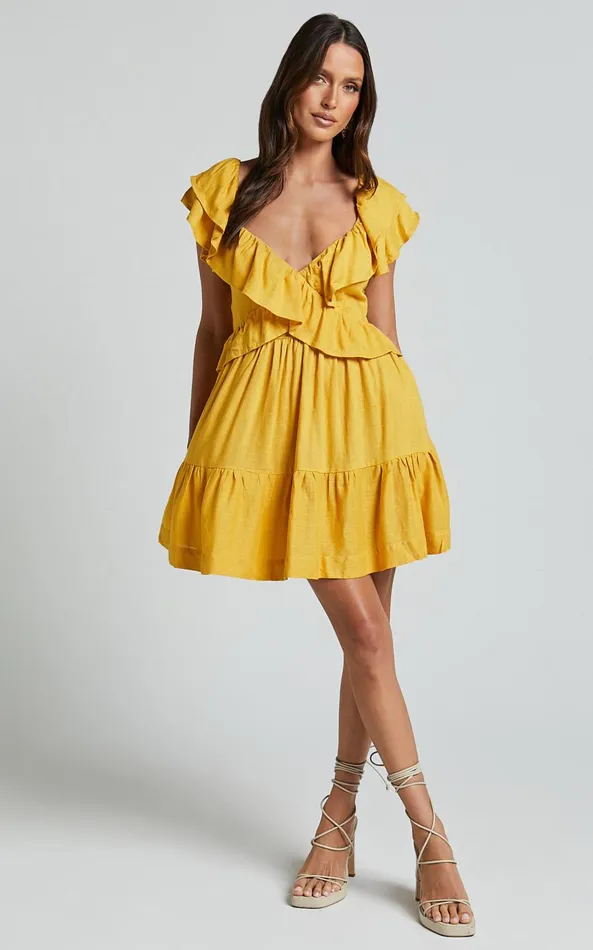 Showpo Amalie The Label 8211 Hescia Linen Blend Frill Detail Low Back Mini Dress In Warm Yellow Gold Women Dresses