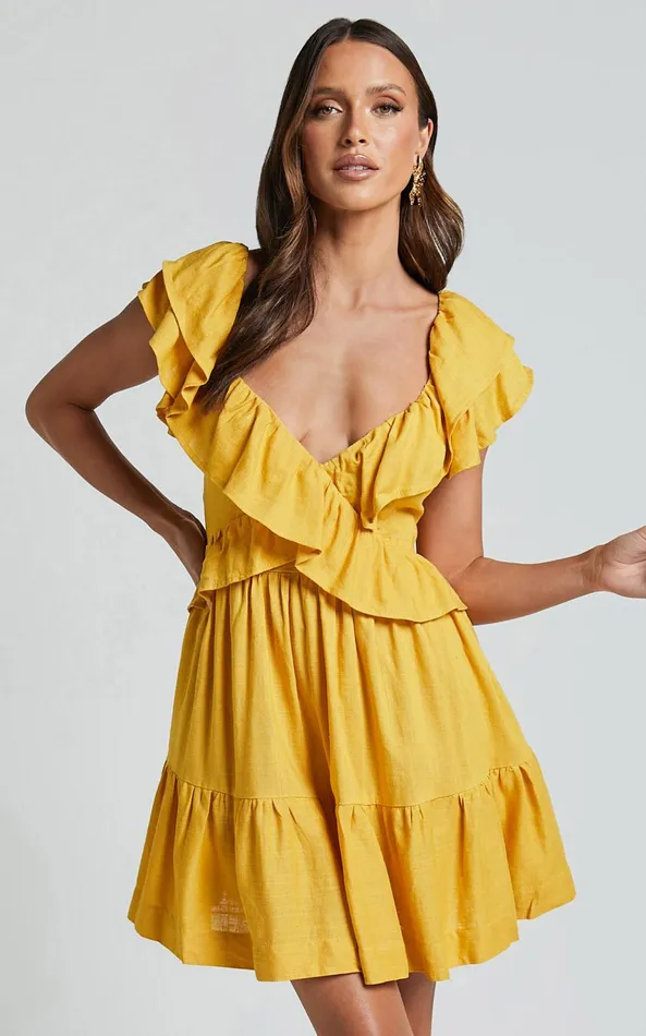Showpo Amalie The Label 8211 Hescia Linen Blend Frill Detail Low Back Mini Dress In Warm Yellow Gold Women Dresses