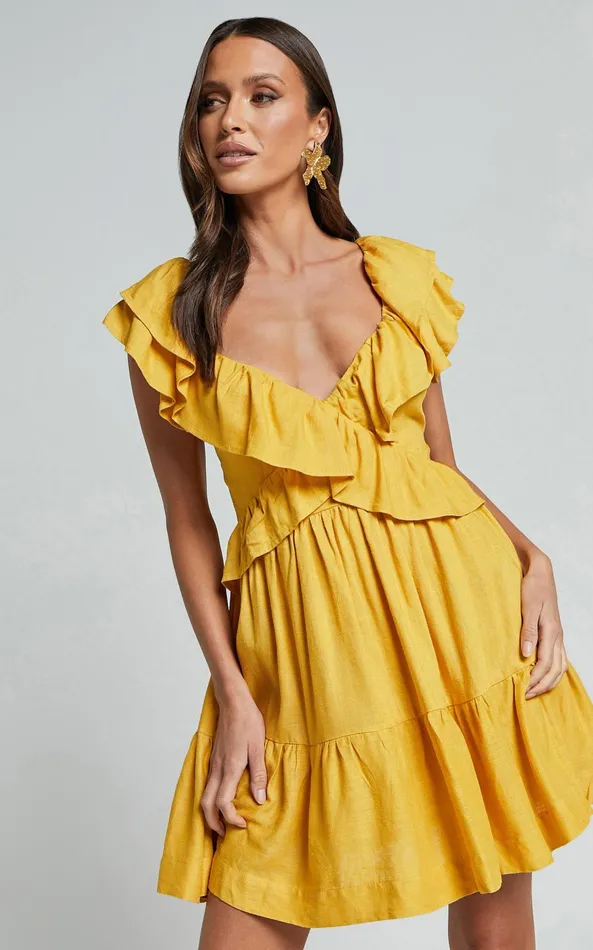 Showpo Amalie The Label 8211 Hescia Linen Blend Frill Detail Low Back Mini Dress In Warm Yellow Gold Women Dresses