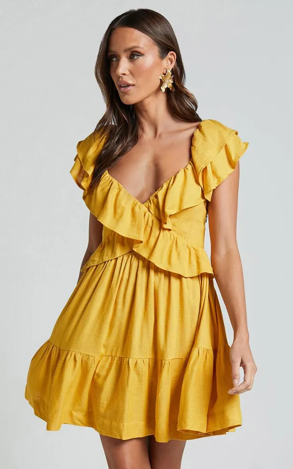 Showpo Amalie The Label 8211 Hescia Linen Blend Frill Detail Low Back Mini Dress In Warm Yellow Gold Women Dresses