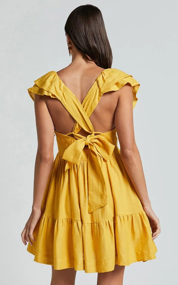 Showpo Amalie The Label 8211 Hescia Linen Blend Frill Detail Low Back Mini Dress In Warm Yellow Gold Women Dresses