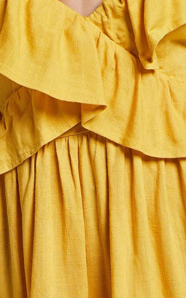 Showpo Amalie The Label 8211 Hescia Linen Blend Frill Detail Low Back Mini Dress In Warm Yellow Gold Women Dresses