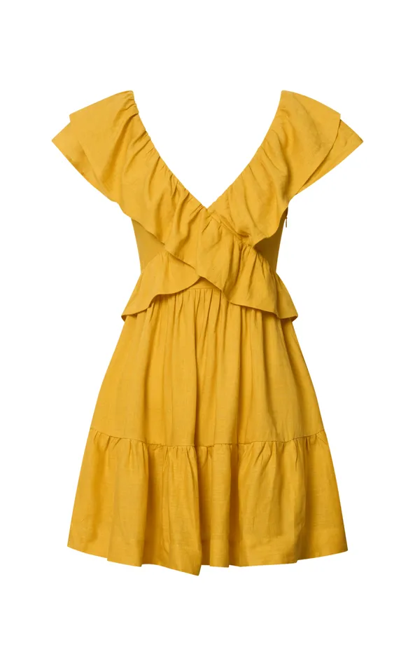 Showpo Amalie The Label 8211 Hescia Linen Blend Frill Detail Low Back Mini Dress In Warm Yellow Gold Women Dresses