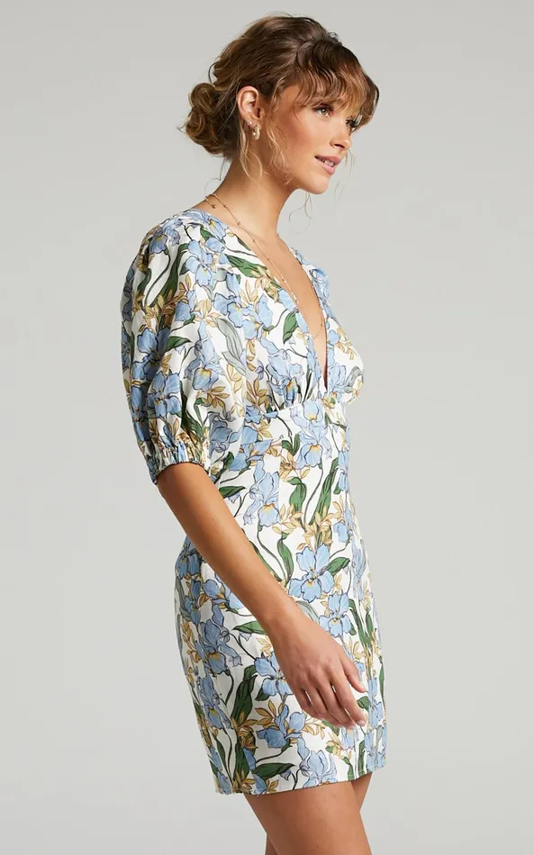 Showpo Amalie The Label 8211 Indrisia Linen Puff Sleeve Open Back Bodycon Mini Dress In Iris Floral Women Curve Clothes