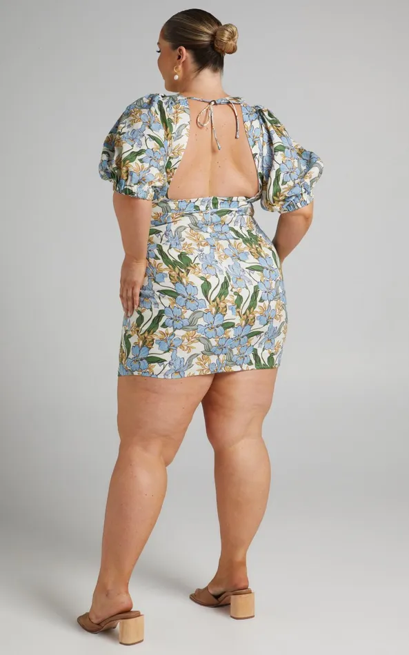 Showpo Amalie The Label 8211 Indrisia Linen Puff Sleeve Open Back Bodycon Mini Dress In Iris Floral Women Curve Clothes