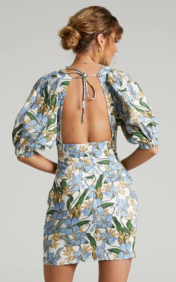 Showpo Amalie The Label 8211 Indrisia Linen Puff Sleeve Open Back Bodycon Mini Dress In Iris Floral Women Curve Clothes