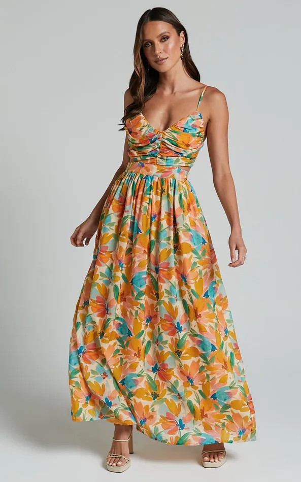 Showpo Amalie The Label 8211 Jaida Linen Blend Ruched Cut Out Maxi Dress In Manhattan Print Women Dresses