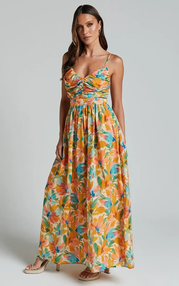 Showpo Amalie The Label 8211 Jaida Linen Blend Ruched Cut Out Maxi Dress In Manhattan Print Women Dresses