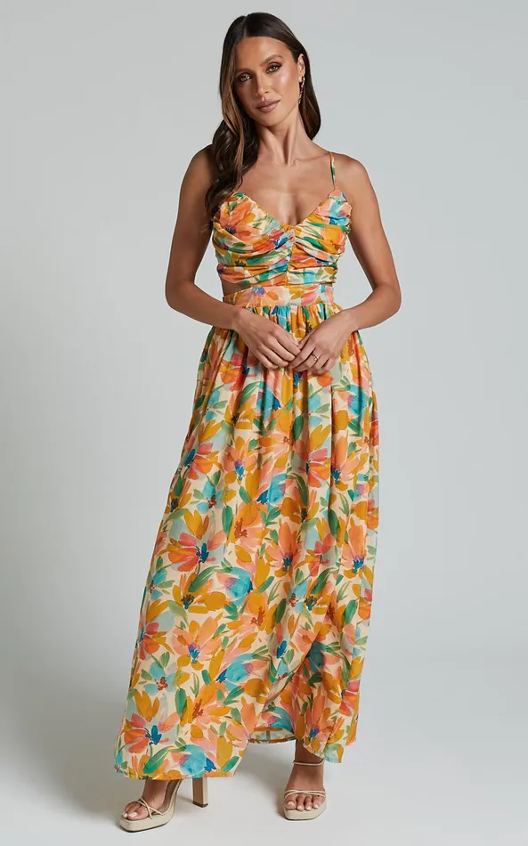 Showpo Amalie The Label 8211 Jaida Linen Blend Ruched Cut Out Maxi Dress In Manhattan Print Women Dresses