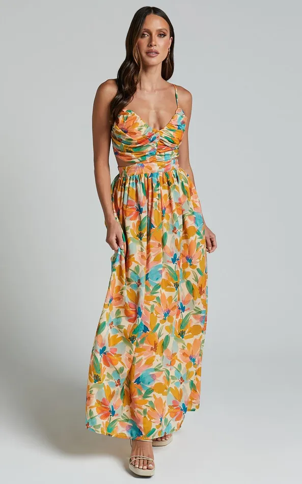 Showpo Amalie The Label 8211 Jaida Linen Blend Ruched Cut Out Maxi Dress In Manhattan Print Women Dresses