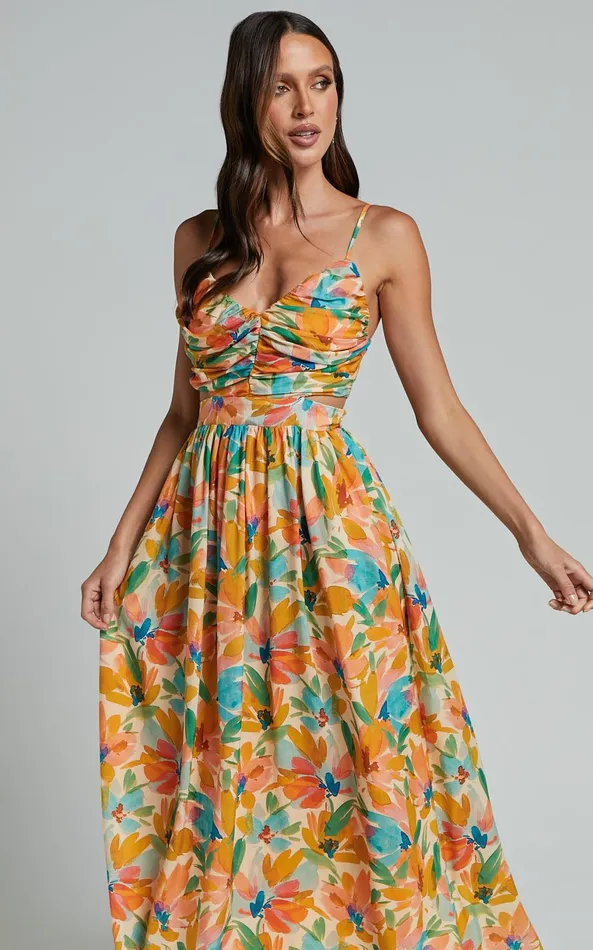 Showpo Amalie The Label 8211 Jaida Linen Blend Ruched Cut Out Maxi Dress In Manhattan Print Women Dresses