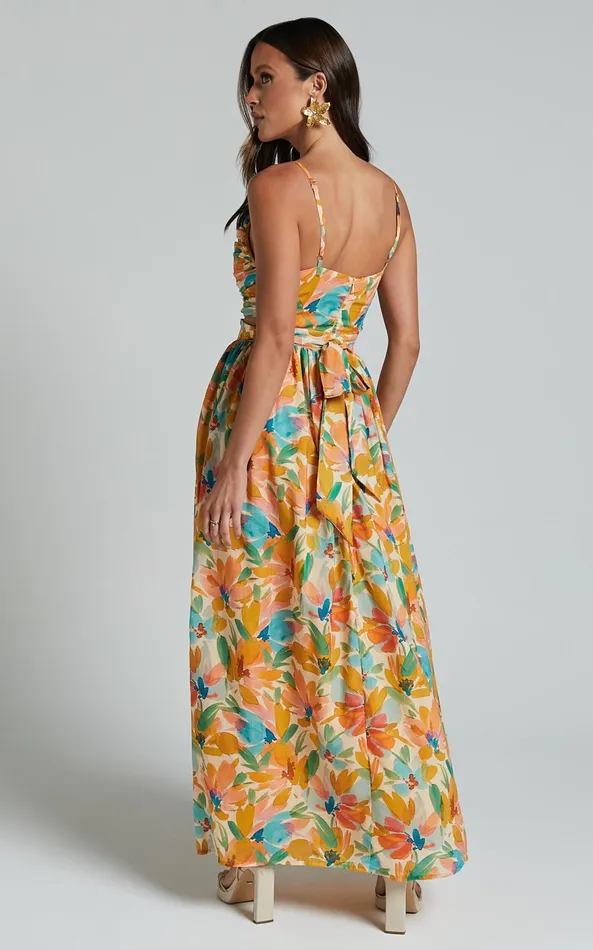 Showpo Amalie The Label 8211 Jaida Linen Blend Ruched Cut Out Maxi Dress In Manhattan Print Women Dresses