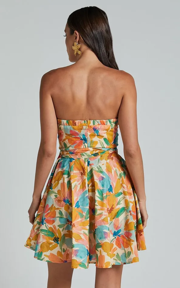 Showpo Amalie The Label 8211 Jaida Linen Blend Strapless Mini Dress In Manhattan Print Women Dresses