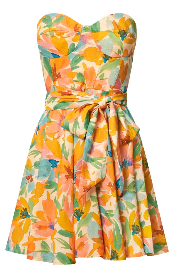 Showpo Amalie The Label 8211 Jaida Linen Blend Strapless Mini Dress In Manhattan Print Women Dresses
