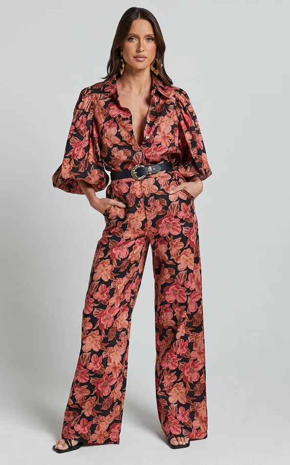 Showpo Amalie The Label 8211 Janae Linen Blend Collared Puff Sleeve Button Up Shirt In Atalie Print Women Tops