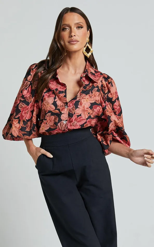 Showpo Amalie The Label 8211 Janae Linen Blend Collared Puff Sleeve Button Up Shirt In Atalie Print Women Tops