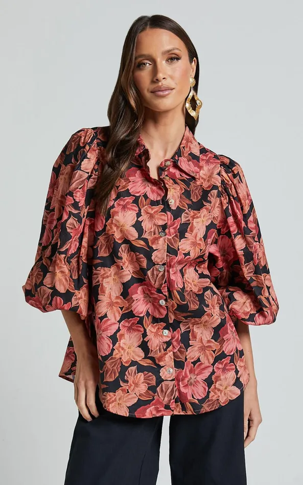 Showpo Amalie The Label 8211 Janae Linen Blend Collared Puff Sleeve Button Up Shirt In Atalie Print Women Tops
