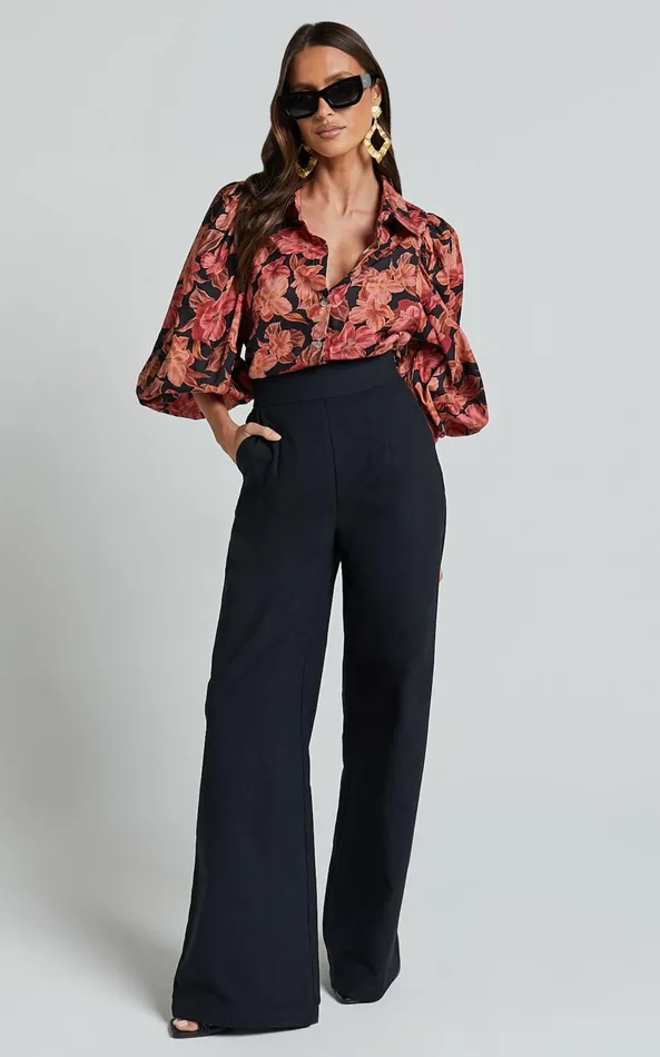 Showpo Amalie The Label 8211 Janae Linen Blend Collared Puff Sleeve Button Up Shirt In Atalie Print Women Tops