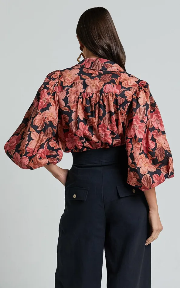 Showpo Amalie The Label 8211 Janae Linen Blend Collared Puff Sleeve Button Up Shirt In Atalie Print Women Tops