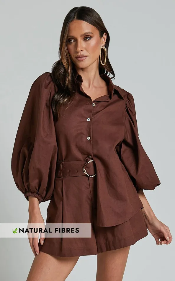 Showpo Amalie The Label 8211 Janae Linen Blend Collared Puff Sleeve Button Up Shirt In Chocolate Women Tops Showpo Amalie The Label 8211 Janae Linen Blend Collared Puff Sleeve Button Up Shirt In Chocolate Women Tops