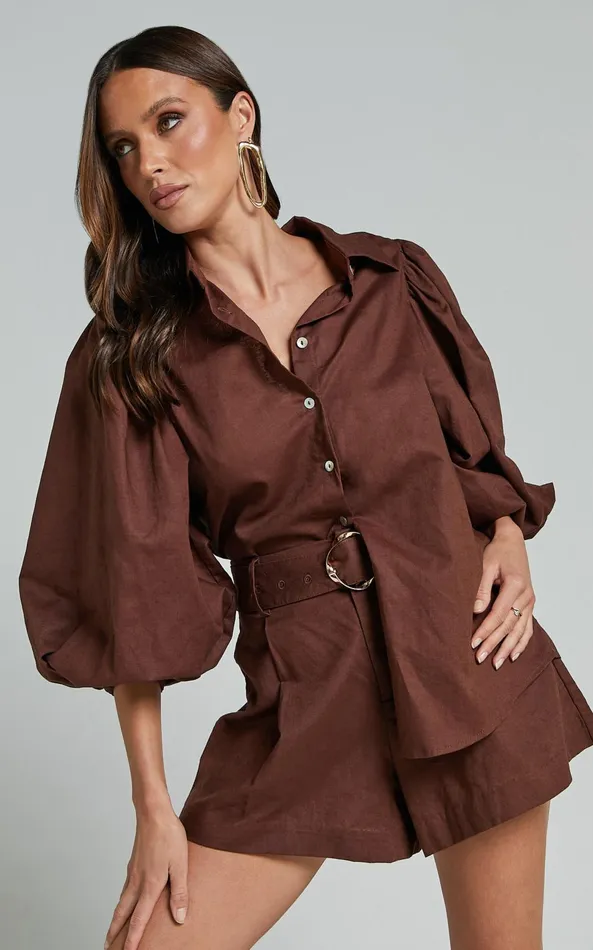 Showpo Amalie The Label 8211 Janae Linen Blend Collared Puff Sleeve Button Up Shirt In Chocolate Women Tops