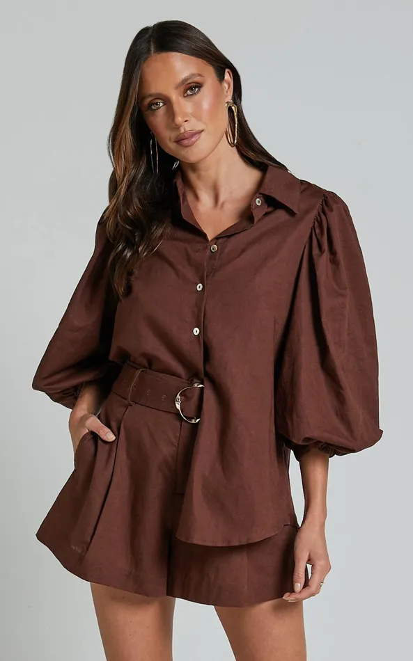 Showpo Amalie The Label 8211 Janae Linen Blend Collared Puff Sleeve Button Up Shirt In Chocolate Women Tops