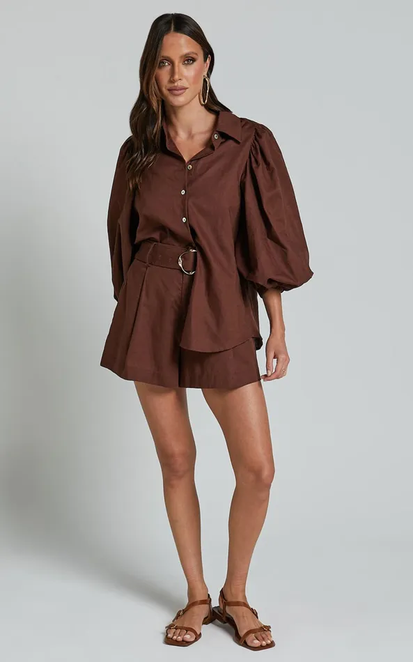 Showpo Amalie The Label 8211 Janae Linen Blend Collared Puff Sleeve Button Up Shirt In Chocolate Women Tops