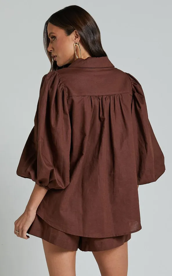 Showpo Amalie The Label 8211 Janae Linen Blend Collared Puff Sleeve Button Up Shirt In Chocolate Women Tops