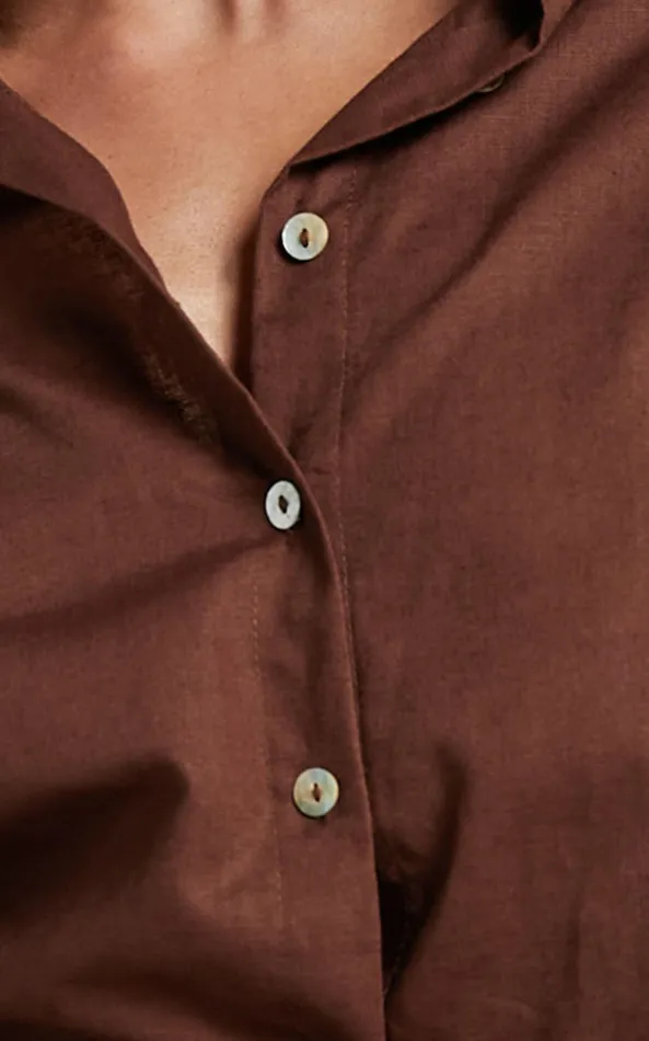 Showpo Amalie The Label 8211 Janae Linen Blend Collared Puff Sleeve Button Up Shirt In Chocolate Women Tops