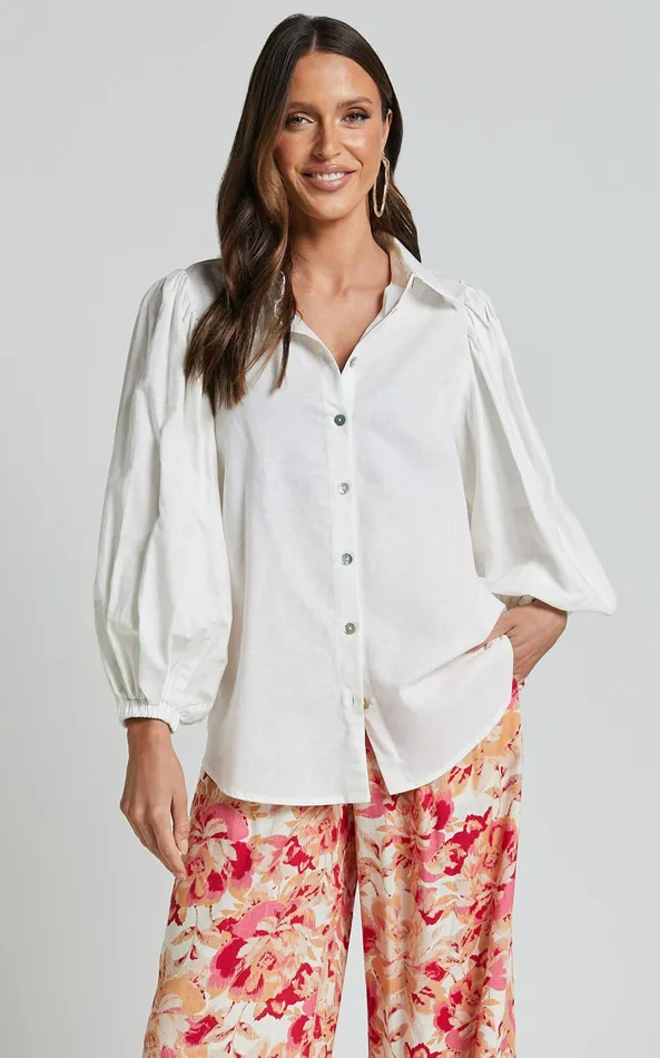 Showpo Amalie The Label 8211 Janae Linen Blend Collared Puff Sleeve Button Up Shirt In Ivory Women Tops