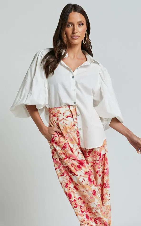 Showpo Amalie The Label 8211 Janae Linen Blend Collared Puff Sleeve Button Up Shirt In Ivory Women Tops