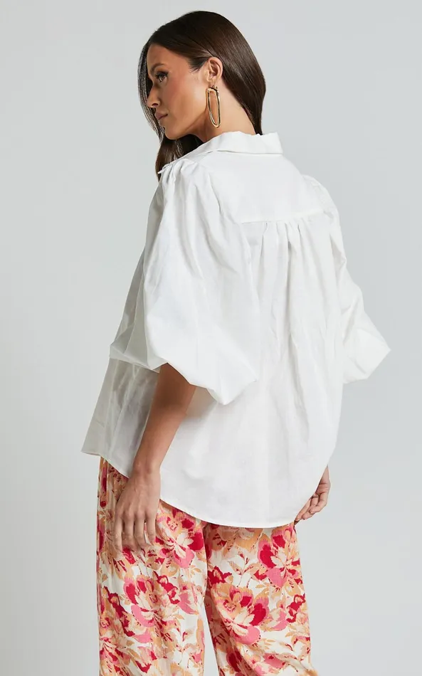 Showpo Amalie The Label 8211 Janae Linen Blend Collared Puff Sleeve Button Up Shirt In Ivory Women Tops