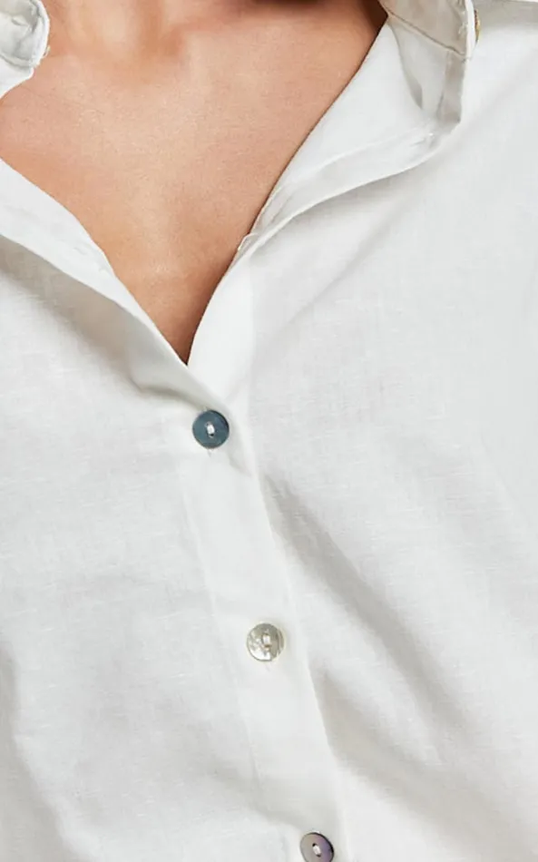 Showpo Amalie The Label 8211 Janae Linen Blend Collared Puff Sleeve Button Up Shirt In Ivory Women Tops
