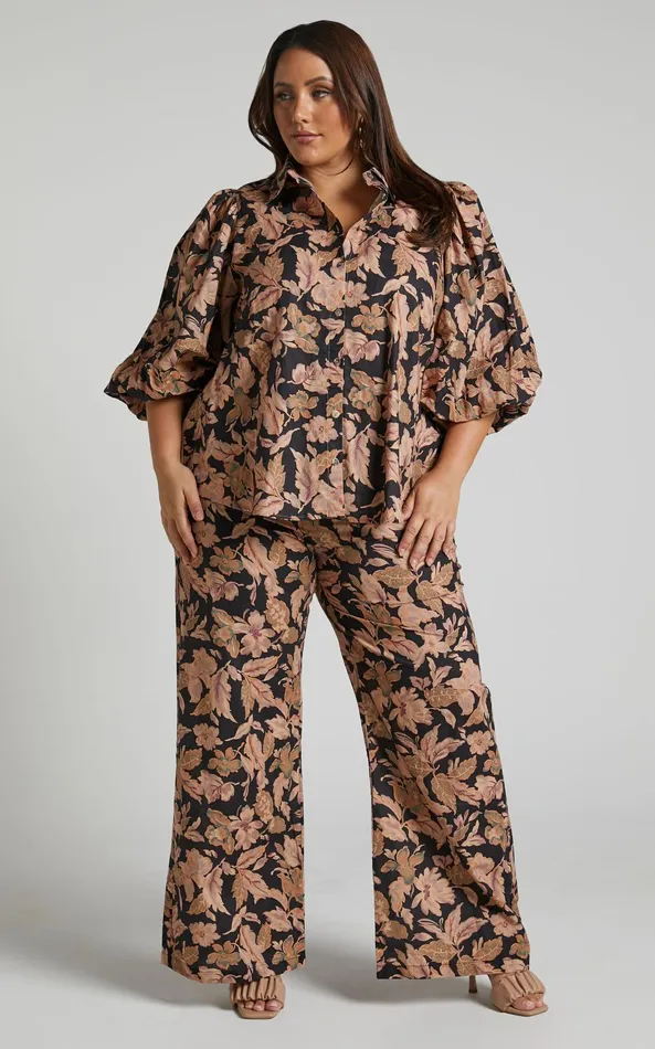 Showpo Amalie The Label 8211 Janae Linen Blend Collared Puff Sleeve Button Up Shirt In Kora Print Women Tops