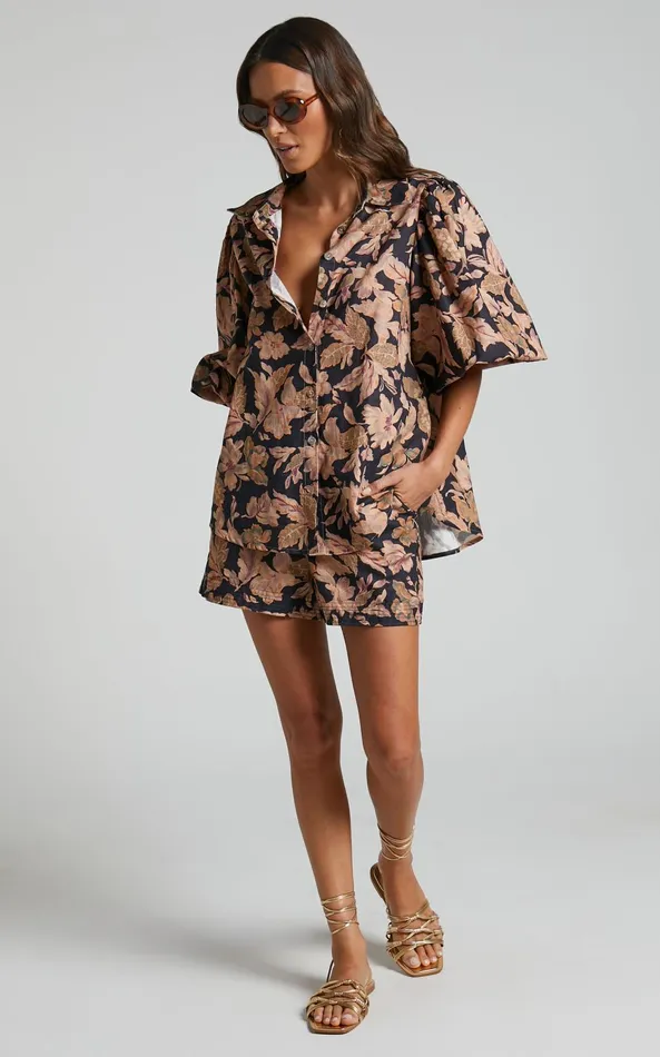 Showpo Amalie The Label 8211 Janae Linen Blend Collared Puff Sleeve Button Up Shirt In Kora Print Women Tops